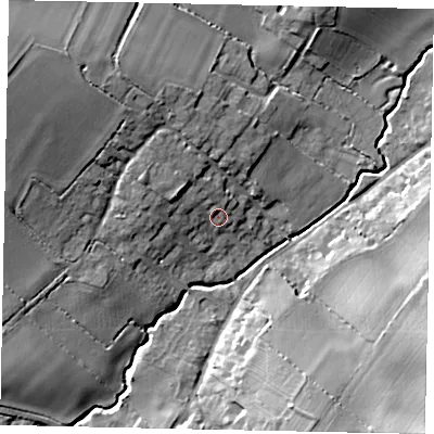 Shaded relief map of the ground around MK441EB, computed from Environment Agency LiDAR. The ground here sits at about 58 m above sea level and falls 18 m across the surrounding 800 m. Surface water reaching this point runs off ground lying to the north-west, 5.3 m higher.