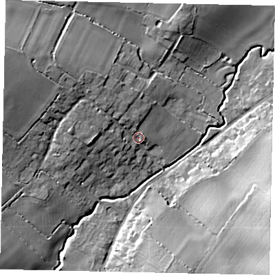 Shaded relief map of the ground around MK441EG, computed from Environment Agency LiDAR. The ground here sits at about 58 m above sea level and falls 22 m across the surrounding 800 m. Surface water reaching this point runs off ground lying to the north-west, 10.8 m higher.