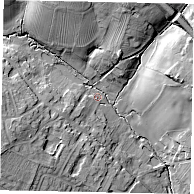 Shaded relief map of the ground around MK441LS, computed from Environment Agency LiDAR. The ground here sits at about 44 m above sea level and falls 24 m across the surrounding 800 m. Surface water reaching this point runs off ground lying to the west-south-west, 8.1 m higher.