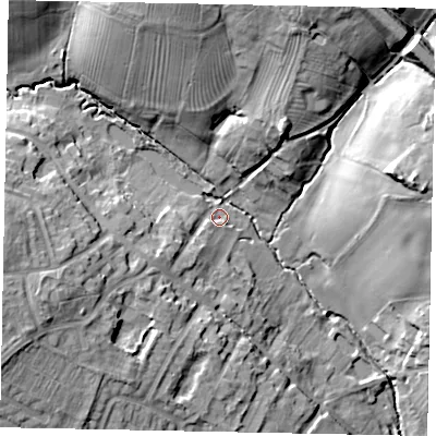 Shaded relief map of the ground around MK441LT, computed from Environment Agency LiDAR. The ground here sits at about 44 m above sea level and falls 24 m across the surrounding 800 m. Surface water reaching this point runs off ground lying to the south-west, 8.2 m higher.