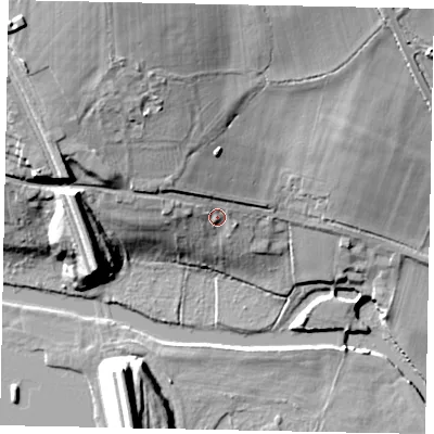 Shaded relief map of the ground around MK441NP, computed from Environment Agency LiDAR. The ground here sits at about 46 m above sea level and falls 26 m across the surrounding 800 m. Surface water reaching this point runs off ground lying to the north-north-west, 16.7 m higher.