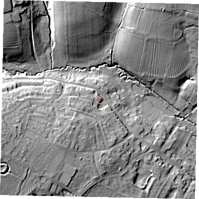 Shaded relief map of the ground around MK441PE, computed from Environment Agency LiDAR. The ground here sits at about 54 m above sea level and falls 27 m across the surrounding 800 m. Surface water reaching this point runs off ground lying to the south-west, 11.9 m higher.