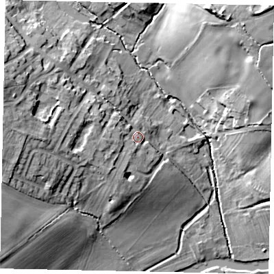 Shaded relief map of the ground around MK441PG, computed from Environment Agency LiDAR. The ground here sits at about 48 m above sea level and falls 25 m across the surrounding 800 m. Surface water reaching this point runs off ground lying to the west, 5.6 m higher.