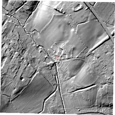 Shaded relief map of the ground around MK441PS, computed from Environment Agency LiDAR. The ground here sits at about 43 m above sea level and falls 29 m across the surrounding 800 m. Surface water reaching this point runs off ground lying to the north-east, 11.5 m higher.