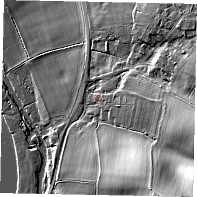 Shaded relief map of the ground around MK441QN, computed from Environment Agency LiDAR. The ground here sits at about 46 m above sea level and falls 32 m across the surrounding 800 m. Surface water reaching this point runs off ground lying to the east, 12.1 m higher.