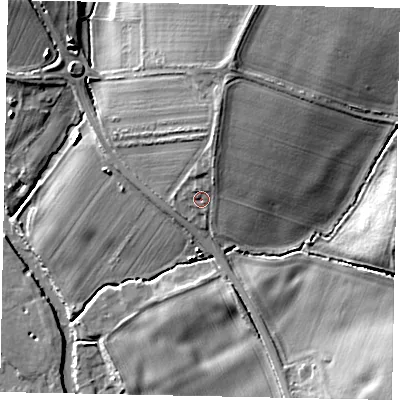Shaded relief map of the ground around MK441QP, computed from Environment Agency LiDAR. The ground here sits at about 44 m above sea level and falls 17 m across the surrounding 800 m. Surface water reaching this point runs off ground lying to the north-north-east, 5.3 m higher.