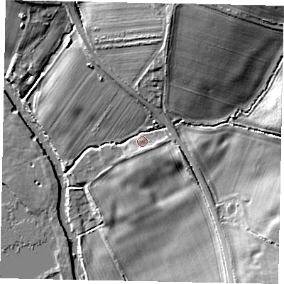 Shaded relief map of the ground around MK441QW, computed from Environment Agency LiDAR. The ground here sits at about 41 m above sea level and falls 16 m across the surrounding 800 m. Surface water reaching this point runs off ground lying to the north-north-east, 13.2 m higher.