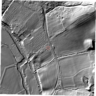 Shaded relief map of the ground around MK441RJ, computed from Environment Agency LiDAR. The ground here sits at about 42 m above sea level and falls 34 m across the surrounding 800 m. Surface water reaching this point runs off ground lying to the north, 1.2 m higher.