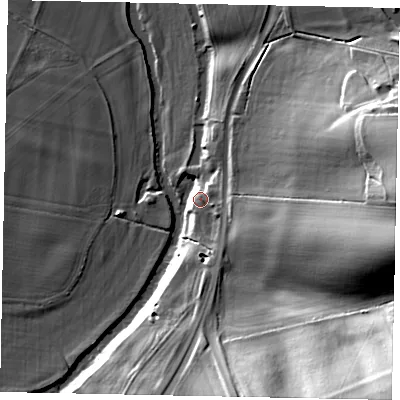 Shaded relief map of the ground around MK441RP, computed from Environment Agency LiDAR. The ground here sits at about 40 m above sea level and falls 41 m across the surrounding 800 m. Surface water reaching this point runs off ground lying to the south-east, 35.1 m higher.