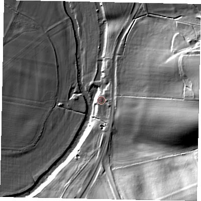 Shaded relief map of the ground around MK441RS, computed from Environment Agency LiDAR. The ground here sits at about 40 m above sea level and falls 42 m across the surrounding 800 m. Surface water reaching this point runs off ground lying to the south-east, 35.7 m higher.