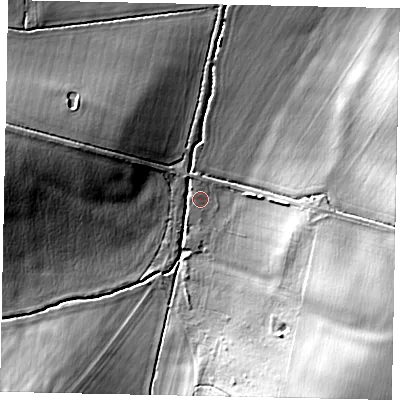 Shaded relief map of the ground around MK441ZZ, computed from Environment Agency LiDAR. The ground here sits at about 61 m above sea level and falls 25 m across the surrounding 800 m. Surface water reaching this point runs off ground lying to the south-east, 23.3 m higher.