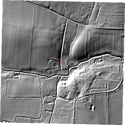 Shaded relief map of the ground around MK442AU, computed from Environment Agency LiDAR. The ground here sits at about 35 m above sea level and falls 11 m across the surrounding 800 m. Surface water reaching this point runs off ground lying to the north-east, 8.4 m higher.