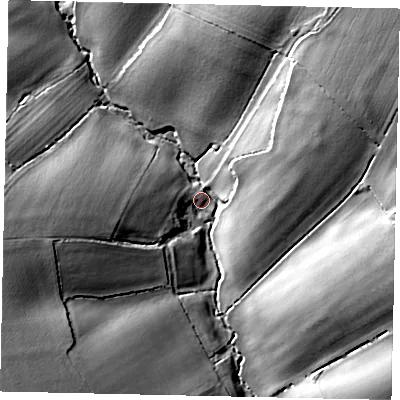 Shaded relief map of the ground around MK442EZ, computed from Environment Agency LiDAR. The ground here sits at about 57 m above sea level and falls 22 m across the surrounding 800 m. Surface water reaching this point runs off ground lying to the north-east, 20.4 m higher.