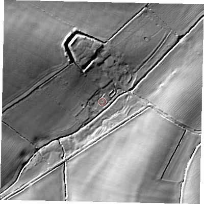 Shaded relief map of the ground around MK442HU, computed from Environment Agency LiDAR. The ground here sits at about 51 m above sea level and falls 21 m across the surrounding 800 m. Surface water reaching this point runs off ground lying to the north-west, 13.1 m higher.