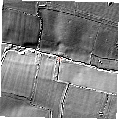 Shaded relief map of the ground around MK442LT, computed from Environment Agency LiDAR. The ground here sits at about 41 m above sea level and falls 17 m across the surrounding 800 m. Surface water reaching this point runs off ground lying to the south-west, 6.6 m higher.