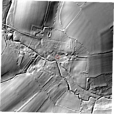 Shaded relief map of the ground around MK442PB, computed from Environment Agency LiDAR. The ground here sits at about 43 m above sea level and falls 28 m across the surrounding 800 m. Surface water reaching this point runs off ground lying to the north-north-east, 25.3 m higher.