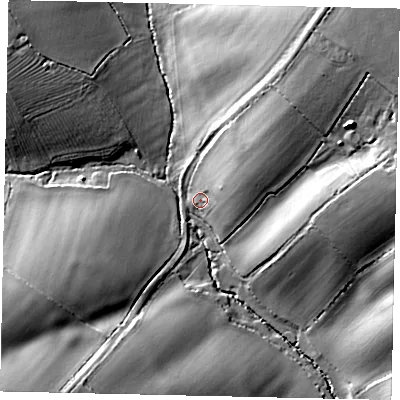 Shaded relief map of the ground around MK442PP, computed from Environment Agency LiDAR. The ground here sits at about 52 m above sea level and falls 25 m across the surrounding 800 m. Surface water reaching this point runs off ground lying to the north-east, 13.4 m higher.