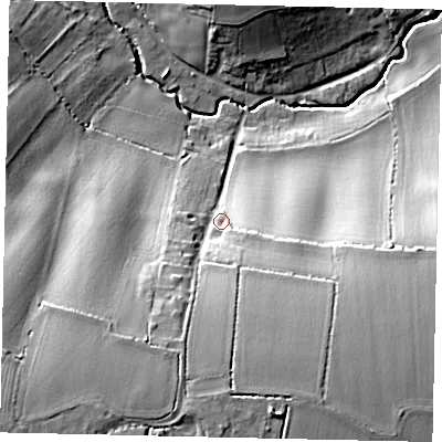 Shaded relief map of the ground around MK442QA, computed from Environment Agency LiDAR. The ground here sits at about 52 m above sea level and falls 31 m across the surrounding 800 m. Surface water reaching this point runs off ground lying to the south-south-west, 18.4 m higher.