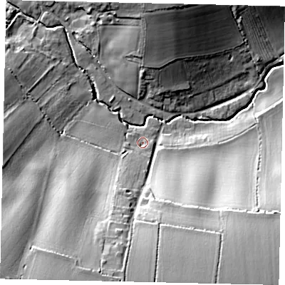 Shaded relief map of the ground around MK442QB, computed from Environment Agency LiDAR. The ground here sits at about 43 m above sea level and falls 29 m across the surrounding 800 m. Surface water reaching this point runs off ground lying to the south-south-west, 22.8 m higher.