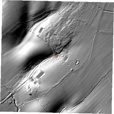 Shaded relief map of the ground around MK442RL, computed from Environment Agency LiDAR. The ground here sits at about 58 m above sea level and falls 38 m across the surrounding 800 m. Surface water reaching this point runs off ground lying to the north-east, 13.7 m higher.