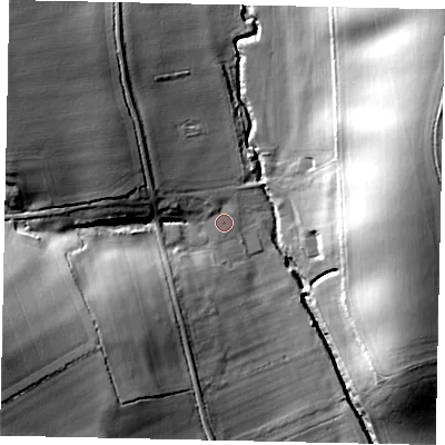 Shaded relief map of the ground around MK442RS, computed from Environment Agency LiDAR. The ground here sits at about 45 m above sea level and falls 30 m across the surrounding 800 m. Surface water reaching this point runs off ground lying to the west-north-west, 18.3 m higher.