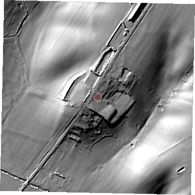 Shaded relief map of the ground around MK442SJ, computed from Environment Agency LiDAR. The ground here sits at about 64 m above sea level and falls 40 m across the surrounding 800 m. Surface water reaching this point runs off ground lying to the north, 3.1 m higher.