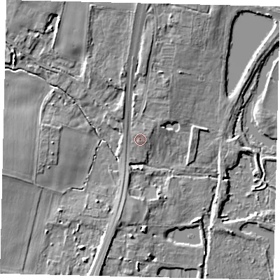 Shaded relief map of the ground around MK443AA, computed from Environment Agency LiDAR. The ground here sits at about 18 m above sea level and falls 6 m across the surrounding 800 m. Surface water reaching this point runs off ground lying to the north-north-west, 3.0 m higher.