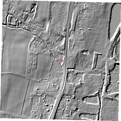 Shaded relief map of the ground around MK443AJ, computed from Environment Agency LiDAR. The ground here sits at about 17 m above sea level and falls 6 m across the surrounding 800 m. Surface water reaching this point runs off ground lying to the north-north-west, 4.7 m higher.