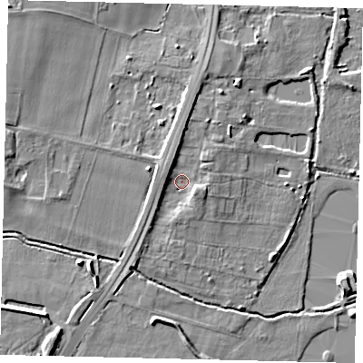 Shaded relief map of the ground around MK443BD, computed from Environment Agency LiDAR. The ground here sits at about 18 m above sea level and falls 8 m across the surrounding 800 m. Surface water reaching this point runs off ground lying to the north-north-west, 3.5 m higher.