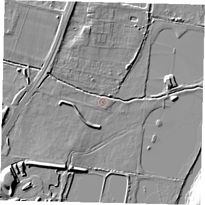 Shaded relief map of the ground around MK443BE, computed from Environment Agency LiDAR. The ground here sits at about 17 m above sea level and falls 10 m across the surrounding 800 m. Surface water reaching this point runs off ground lying to the north-north-west, 5.1 m higher.