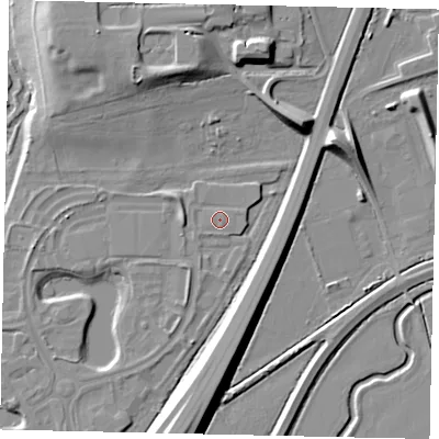 Shaded relief map of the ground around MK443BF, computed from Environment Agency LiDAR. The ground here sits at about 25 m above sea level and falls 12 m across the surrounding 800 m. Surface water reaching this point runs off ground lying to the east-north-east, 0.9 m higher.