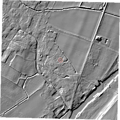 Shaded relief map of the ground around MK443BG, computed from Environment Agency LiDAR. The ground here sits at about 21 m above sea level and falls 7 m across the surrounding 800 m. Surface water reaching this point runs off ground lying to the south-west, 0.9 m higher.
