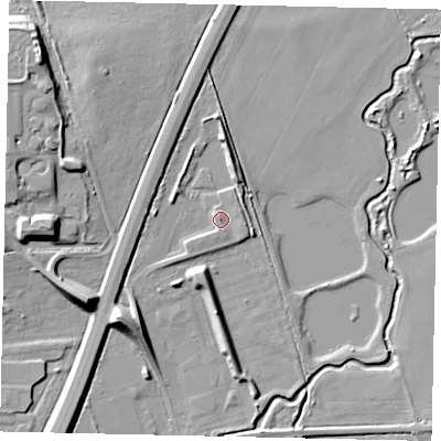 Shaded relief map of the ground around MK443DN, computed from Environment Agency LiDAR. The ground here sits at about 24 m above sea level and falls 11 m across the surrounding 800 m. Surface water reaching this point runs off ground lying to the south-west, 1.8 m higher.