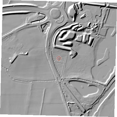 Shaded relief map of the ground around MK443DS, computed from Environment Agency LiDAR. The ground here sits at about 18 m above sea level and falls 10 m across the surrounding 800 m. Surface water reaching this point runs off ground lying to the north, 5.6 m higher.