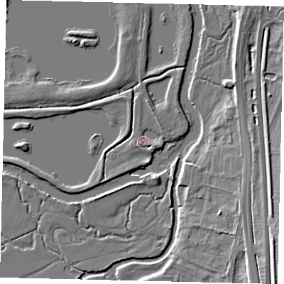 Shaded relief map of the ground around MK443EN, computed from Environment Agency LiDAR. The ground here sits at about 17 m above sea level and falls 10 m across the surrounding 800 m. Surface water reaching this point runs off ground lying to the east-south-east, 1.6 m higher.