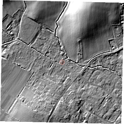 Shaded relief map of the ground around MK443HA, computed from Environment Agency LiDAR. The ground here sits at about 23 m above sea level and falls 15 m across the surrounding 800 m. Surface water reaching this point runs off ground lying to the south-west, 11.7 m higher.