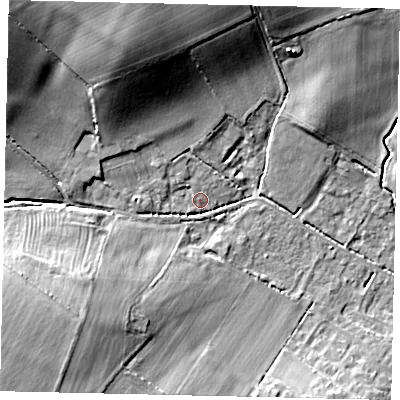 Shaded relief map of the ground around MK443HD, computed from Environment Agency LiDAR. The ground here sits at about 25 m above sea level and falls 18 m across the surrounding 800 m. Surface water reaching this point runs off ground lying to the north-west, 16.0 m higher.