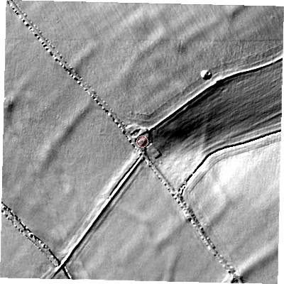 Shaded relief map of the ground around MK443HF, computed from Environment Agency LiDAR. The ground here sits at about 52 m above sea level and falls 16 m across the surrounding 800 m. Surface water reaching this point runs off ground lying to the north-west, 6.4 m higher.