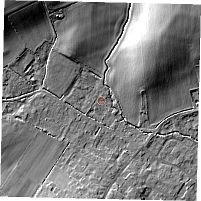 Shaded relief map of the ground around MK443HG, computed from Environment Agency LiDAR. The ground here sits at about 23 m above sea level and falls 18 m across the surrounding 800 m. Surface water reaching this point runs off ground lying to the north, 0.9 m higher.