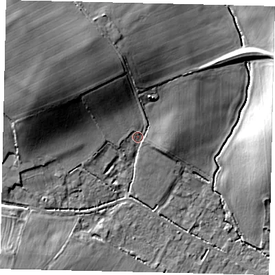 Shaded relief map of the ground around MK443HH, computed from Environment Agency LiDAR. The ground here sits at about 26 m above sea level and falls 19 m across the surrounding 800 m. Surface water reaching this point runs off ground lying to the north-north-west, 13.5 m higher.