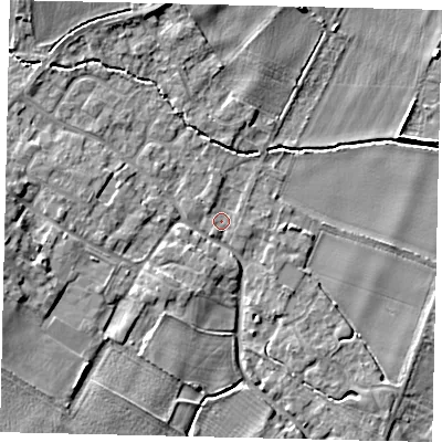 Shaded relief map of the ground around MK443HP, computed from Environment Agency LiDAR. The ground here sits at about 21 m above sea level and falls 7 m across the surrounding 800 m. Surface water reaching this point runs off ground lying to the north, 2.4 m higher.