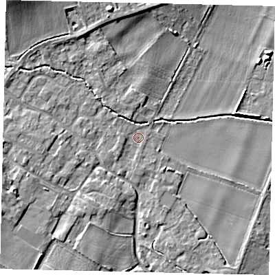 Shaded relief map of the ground around MK443HR, computed from Environment Agency LiDAR. The ground here sits at about 21 m above sea level and falls 10 m across the surrounding 800 m. Surface water reaching this point runs off ground lying to the north-north-west, 2.4 m higher.