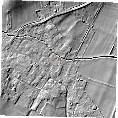 Shaded relief map of the ground around MK443HS, computed from Environment Agency LiDAR. The ground here sits at about 21 m above sea level and falls 12 m across the surrounding 800 m. Surface water reaching this point runs off ground lying to the north-north-east, 2.2 m higher.