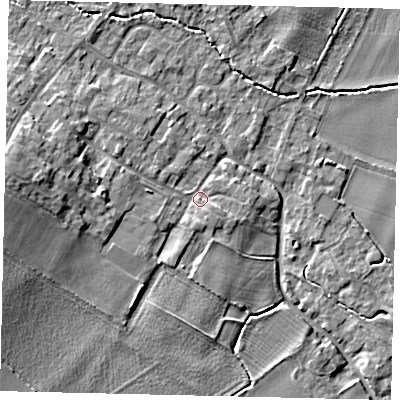 Shaded relief map of the ground around MK443HU, computed from Environment Agency LiDAR. The ground here sits at about 22 m above sea level and falls 10 m across the surrounding 800 m. Surface water reaching this point runs off ground lying to the west, 7.3 m higher.