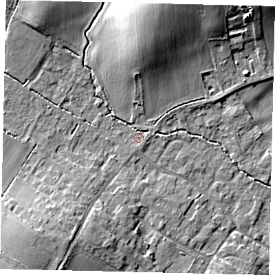Shaded relief map of the ground around MK443JB, computed from Environment Agency LiDAR. The ground here sits at about 23 m above sea level and falls 16 m across the surrounding 800 m. Surface water reaching this point runs off ground lying to the north-north-east, 2.2 m higher.