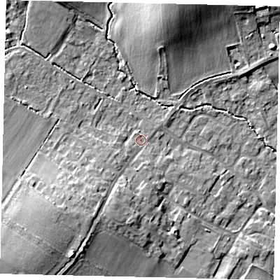 Shaded relief map of the ground around MK443JD, computed from Environment Agency LiDAR. The ground here sits at about 23 m above sea level and falls 13 m across the surrounding 800 m. Surface water reaching this point runs off ground lying to the south-west, 11.1 m higher.