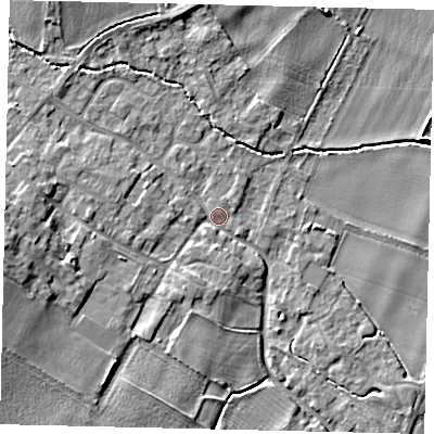 Shaded relief map of the ground around MK443JH, computed from Environment Agency LiDAR. The ground here sits at about 21 m above sea level and falls 9 m across the surrounding 800 m. Surface water reaching this point runs off ground lying to the west, 7.3 m higher.