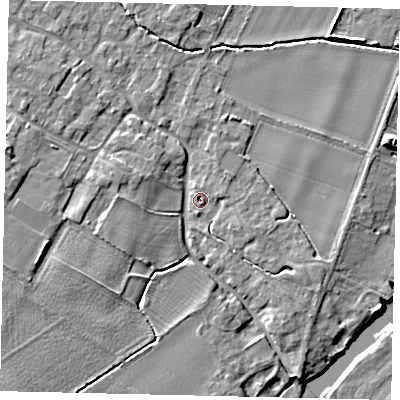 Shaded relief map of the ground around MK443JJ, computed from Environment Agency LiDAR. The ground here sits at about 20 m above sea level and falls 8 m across the surrounding 800 m. Surface water reaching this point runs off ground lying to the north, 0.8 m higher.