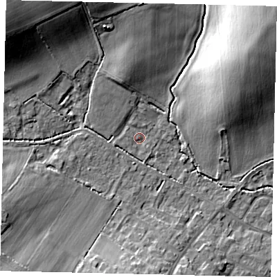 Shaded relief map of the ground around MK443JL, computed from Environment Agency LiDAR. The ground here sits at about 24 m above sea level and falls 17 m across the surrounding 800 m. Surface water reaching this point runs off ground lying to the north-west, 15.8 m higher.