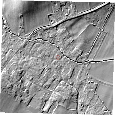 Shaded relief map of the ground around MK443LA, computed from Environment Agency LiDAR. The ground here sits at about 22 m above sea level and falls 13 m across the surrounding 800 m. Surface water reaching this point runs off ground lying to the north, 0.7 m higher.